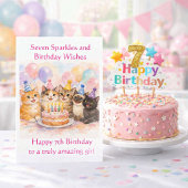 7th Birthday Card for Girls Festive Cat Party  カード