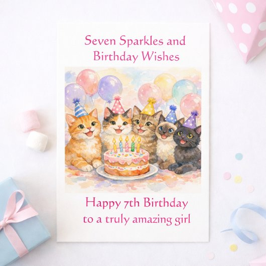 7th Birthday Card for Girls Festive Cat Party  カード