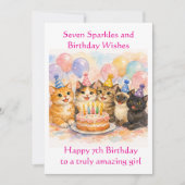 7th Birthday Card for Girls Festive Cat Party  カード (正面)