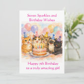 7th Birthday Card for Girls Festive Cat Party  カード (スタンド正面)