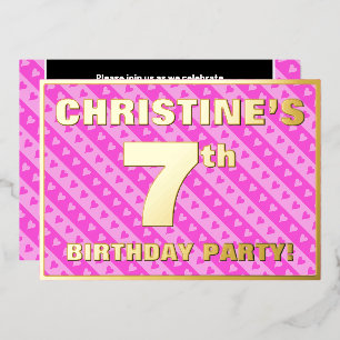 7th Birthday Party —おもしろいピンクのハートとストライプ 箔招待状