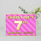 7th Birthday Party —おもしろいピンクのハートとストライプ 箔招待状 (立ち正面)