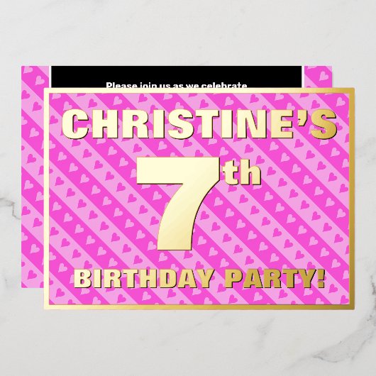 7th Birthday Party —おもしろいピンクのハートとストライプ 箔招待状 (正面/裏面)