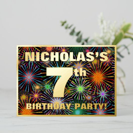 7th Birthday Party —おもしろい、カラフルFireworks Look 箔招待状 (立ち正面)