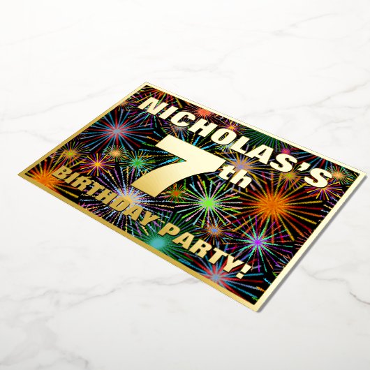 7th Birthday Party —おもしろい、カラフルFireworks Look 箔招待状 (回転した状態)