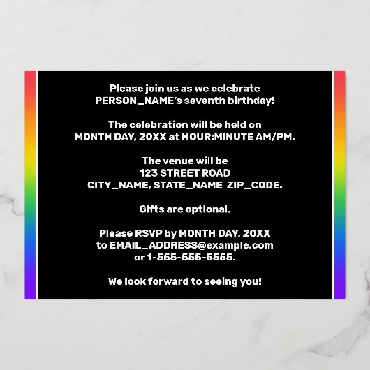 7th Birthday Party:おもしろい、レインボーカラフルパターン 箔招待状 (裏面)