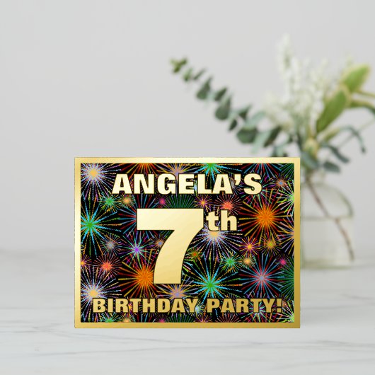 7th Birthday Party:, はっきりした Fireworks Look 箔招待状ポストカード (立ち正面)
