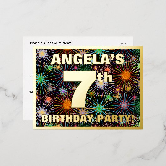 7th Birthday Party:, はっきりした Fireworks Look 箔招待状ポストカード (正面/裏面)
