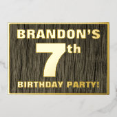 7th Birthday Party:, はっきりした Wood Grain Patternフェイク 箔招待状 (正面)