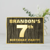 7th Birthday Party:, はっきりした Wood Grain Patternフェイク 箔招待状 (立ち正面)