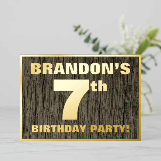 7th Birthday Party:, はっきりした Wood Grain Patternフェイク 箔招待状 (立ち正面)