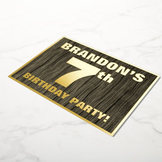 7th Birthday Party:, はっきりした Wood Grain Patternフェイク 箔招待状 (回転した状態)