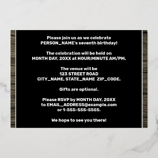 7th Birthday Party:, はっきりした Wood Grain Patternフェイク 箔招待状 (裏面)