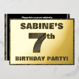 7th Birthday Party — はっきりしたWood Grainフェイク文字 箔招待状