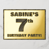 7th Birthday Party — はっきりしたWood Grainフェイク文字 箔招待状 (正面)