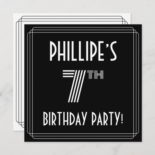 7th Birthday Party:アールデコスタイル(名前をカスタムする付) 招待状 (正面/裏面)
