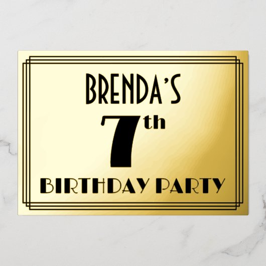 7th Birthday Party —アールデコ検索「7」 +名前 箔招待状 (正面)