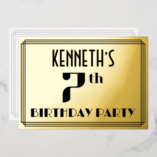 7th Birthday Party:アールデコ「7」と名前 箔招待状 (正面/裏面)