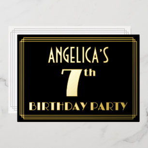 7th Birthday Party:アールデコ「7」、名前つき 箔招待状