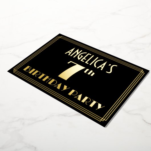7th Birthday Party:アールデコ「7」、名前つき 箔招待状 (回転した状態)