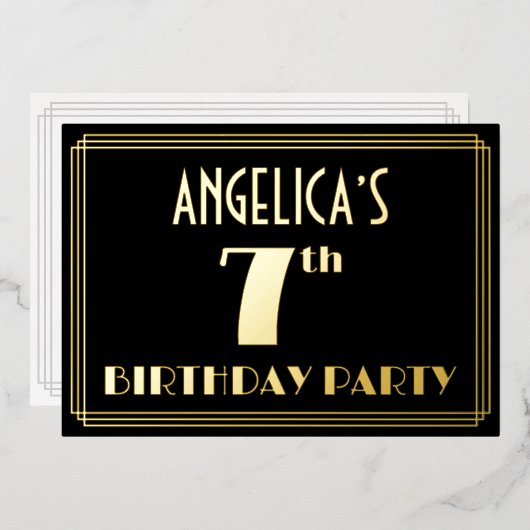 7th Birthday Party:アールデコ「7」、名前つき 箔招待状 (正面/裏面)