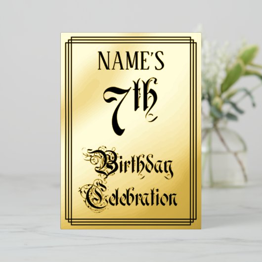 7th Birthday Party – スクリプエレガントト+名前をカスタムする 箔招待状 (立ち正面)