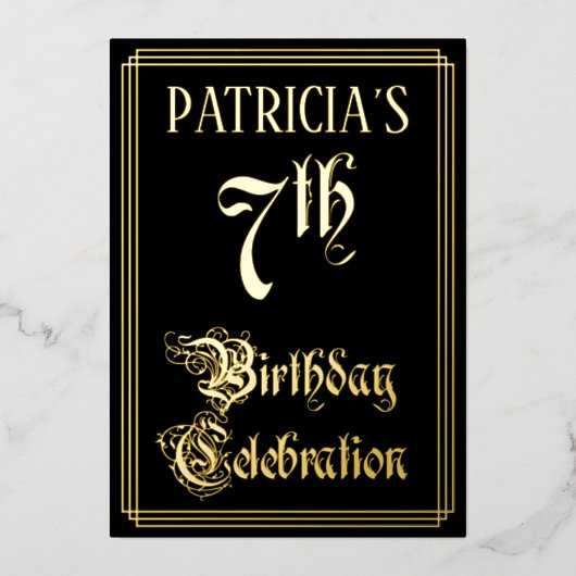 7th Birthday Party – スクリプファンシートと名前をカスタムする 箔招待状 (正面)