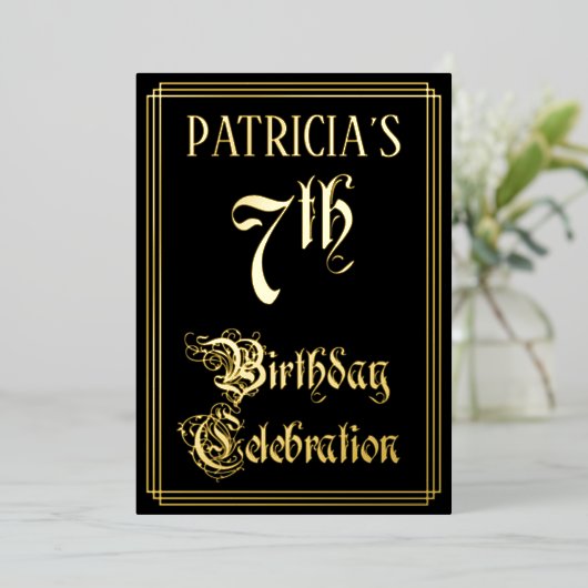 7th Birthday Party – スクリプファンシートと名前をカスタムする 箔招待状 (立ち正面)