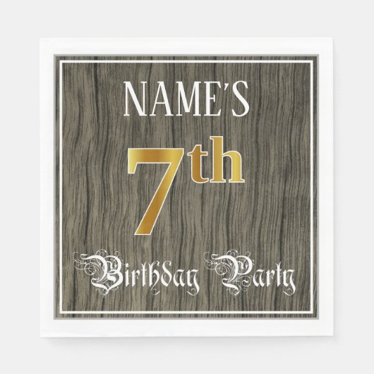 7th Birthday Party — フェイク金ゴールド&ウッドフェイク・ルックス スタンダードランチョンナプキン (正面)