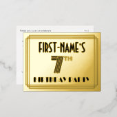 7th Birthday Party ~ Art Deco Style “7” + Name 箔招待状ポストカード (正面/裏面)