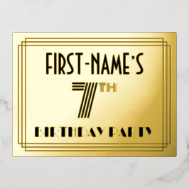 7th Birthday Party ~ Art Deco Style “7” + Name 箔招待状ポストカード