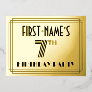 7th Birthday Party ~ Art Deco Style “7” + Name 箔招待状ポストカード