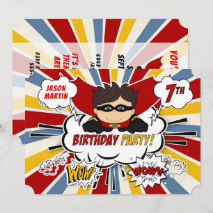 7th Birthday Party Boys Superhero Red漫画 招待状