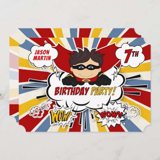 7th Birthday Party Boys Superhero Red漫画 招待状 (正面/裏面)