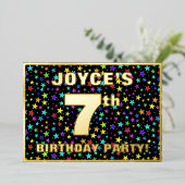 7th Birthday Party — Fun, Colorful Stars Pattern 箔招待状 (立ち正面)