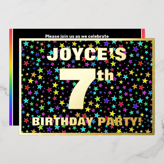 7th Birthday Party — Fun, Colorful Stars Pattern 箔招待状 (正面/裏面)