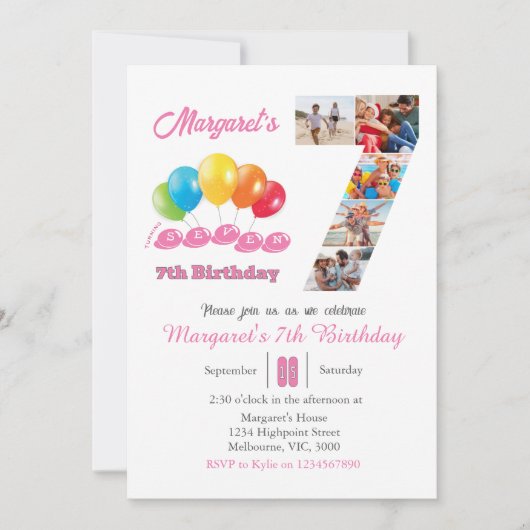 7th birthday photo collage number 7女の子 招待状 (正面)