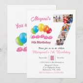 7th birthday photo collage number 7女の子 招待状 (正面/裏面)