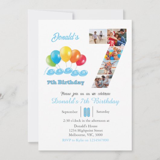 7th birthday photo collage number 7男の子 招待状 (正面)
