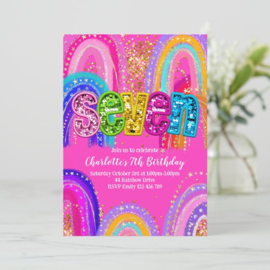 7th Birthday Pink Rainbow Party Invitation 招待状 (スタンド正面)