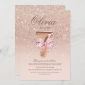 7th Birthday Rose Pink Gold  Bow Birthday Party  招待状 (正面/裏面)