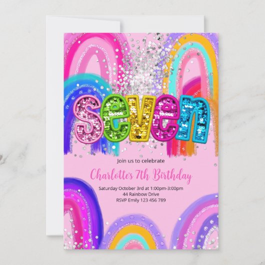 7th Birthday Sequin Rainbow Party Invitation 招待状 (正面)