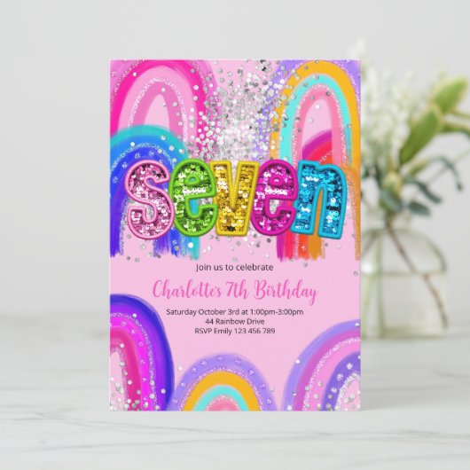 7th Birthday Sequin Rainbow Party Invitation 招待状 (スタンド正面)