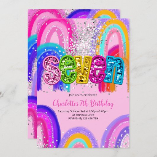 7th Birthday Sequin Rainbow Party Invitation 招待状 (正面/裏面)