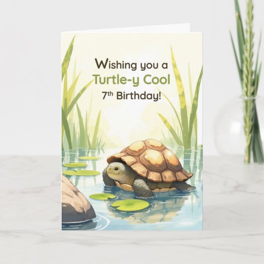 7th Birthday Turtley Cool Realistic Tortoise Pond カード (正面)