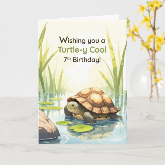 7th Birthday Turtley Cool Realistic Tortoise Pond カード (黄色い花)