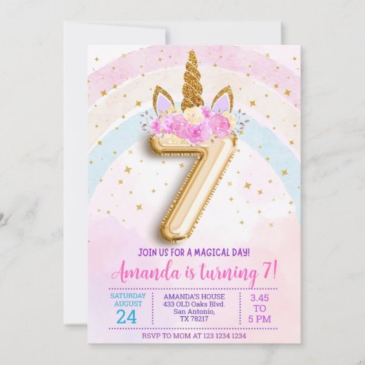 7th birthday unicorn invitation, Editable seventh  招待状 (正面)