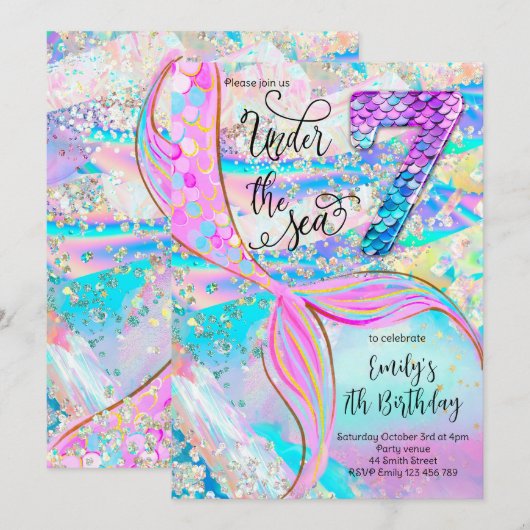 7th Mermaid Birthday Under the Sea Invitation 招待状 (正面/裏面)