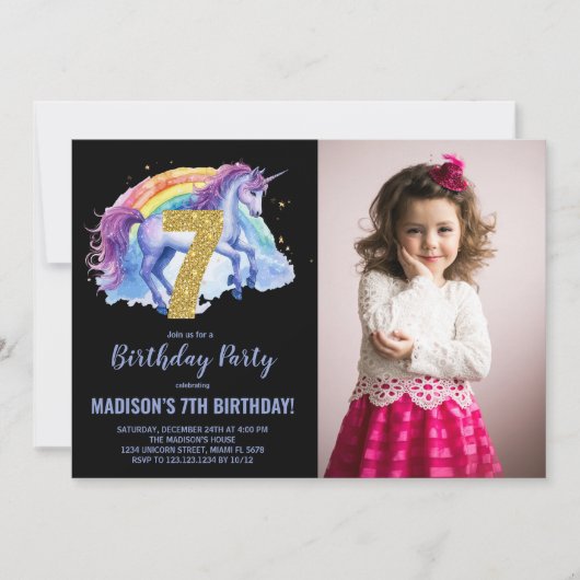 7th Rainbow Unicorn誕生日招待状写真 招待状 (正面)