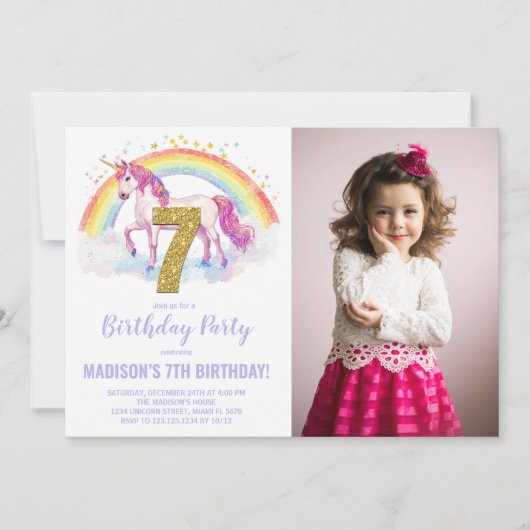 7th Rainbow Unicorn誕生日招待状写真 招待状 (正面)